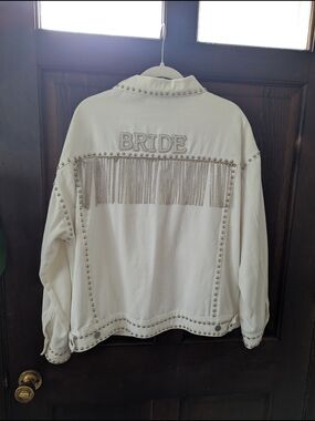 White Jean Jacket with Rhinestone 'BRIDE' and Fringe